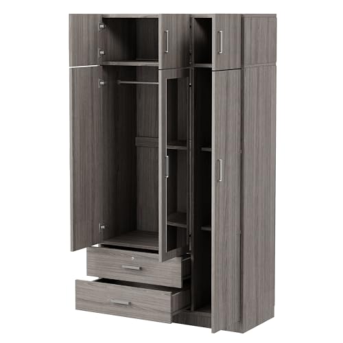 LOUHME Modern 3-Door Wardrobe with Full-Length Mirror – Features 2 Drawers, Top Cabinet, Shelving, and Hanging Rod for Bedroom Storage, Gray