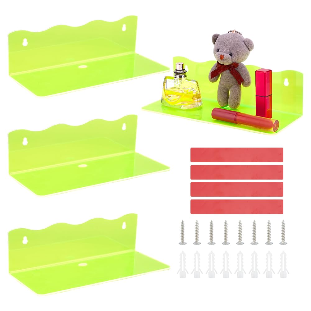 PH PandaHall Acrylic Wall Mounted Display 4 Sets Fluorescent Green Floating Shelf Wall Hanging for Storage Shelf Home Display Ledges for Kitchen Bathroom Collectibles Living Room 9.8x4x2.9 Inch