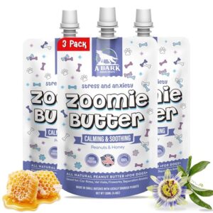 zoomie butter stress & anxiety dog peanut butter squeeze supplement, all natural calming dog treat. human grade & safe puppy food, passion flower for separation anxiety, behavior aid, usa grown & made