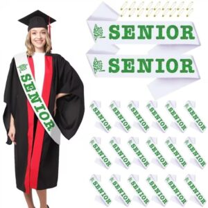 skjiayee 18 pack class of 2025 senior sashes, white satin finally graduated sash with green printing letters cheerleader senior sash for class of 2025 graduation party celebrations supplies