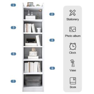 GIFZES 6-Tier Bookshelf and Bookcase Narrow Bookcase for Small Space, Tall Book Shelf for Bedroom, Home Office Bookcase Shelf Storage Organizer, Book Shelf Corner, 11.81" L×9.45" W×70.87" H White