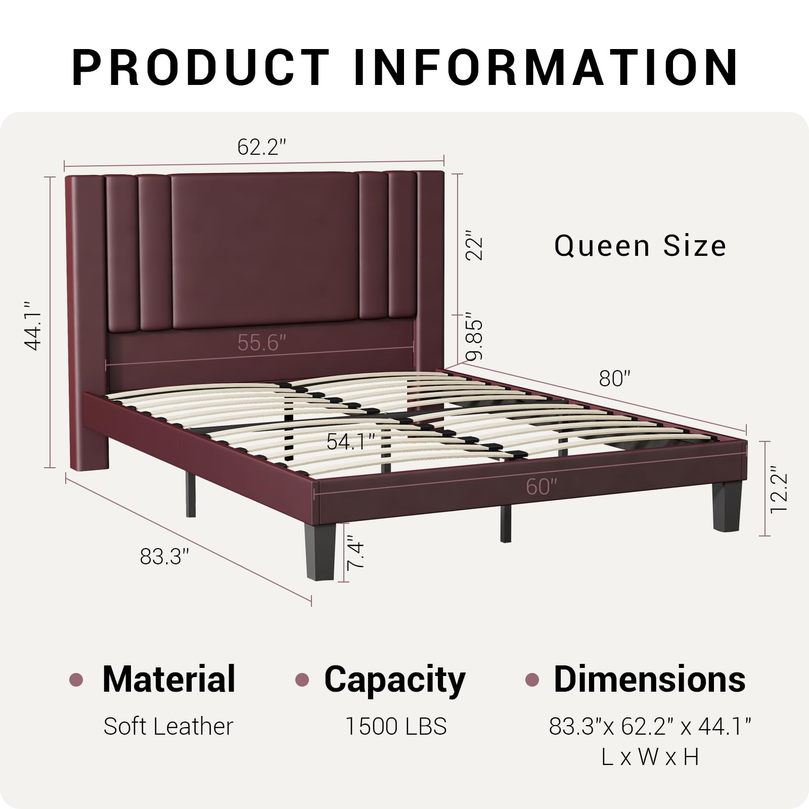 DUMMUP Upholstered Queen Bed Frame/Linen Upholstered Platform with Headboard and Sturdy Wooden Slats/No Box Spring Needed/Noise-Free/Easy Assembly (Brown Leather)