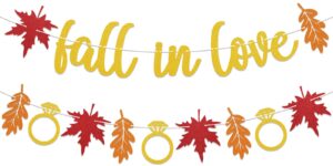 fall in love banner - fall bridal shower decor, autumn maple leaves ring theme bridal wedding party decorations gold glitter