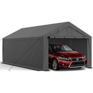 carport, 10×20 heavy duty portable carport for outdoor, carport with roll-up door and removable sidewalls, metal frame car ports garage and all-weather car canopy shelter for car truck boat (grey)