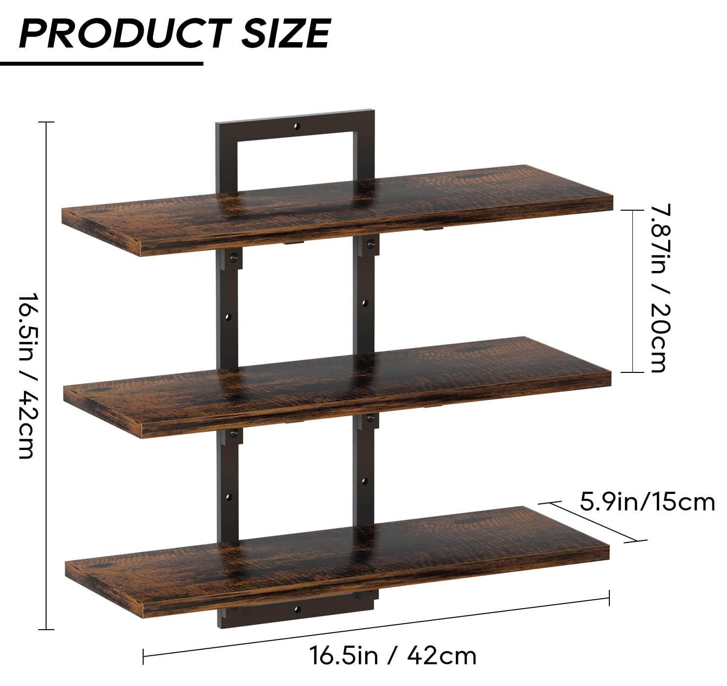 PAPAGIFTREE 3 Tier Floating Shelves for Wall, 16 inch Floating Kitchen Shelves for Wall, Floating Shelves for Bathroom Wall, Industrial Display Shelf for Living Room, Bedroom