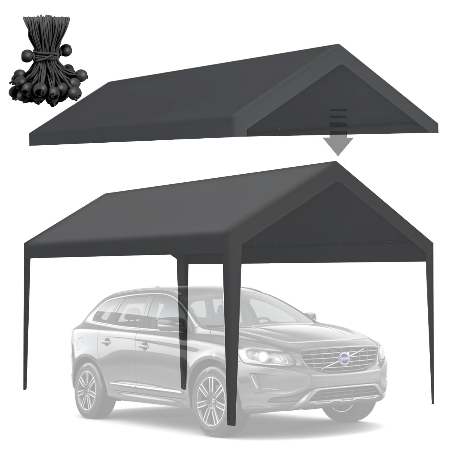 10x20 Carport Canopy Replacement Cover, 220g Heavy Duty Car Canopy Garage Tent Top Cover with Fabric Leg Pole Skirts and Ball Bungees Grey (Frame is not Included)