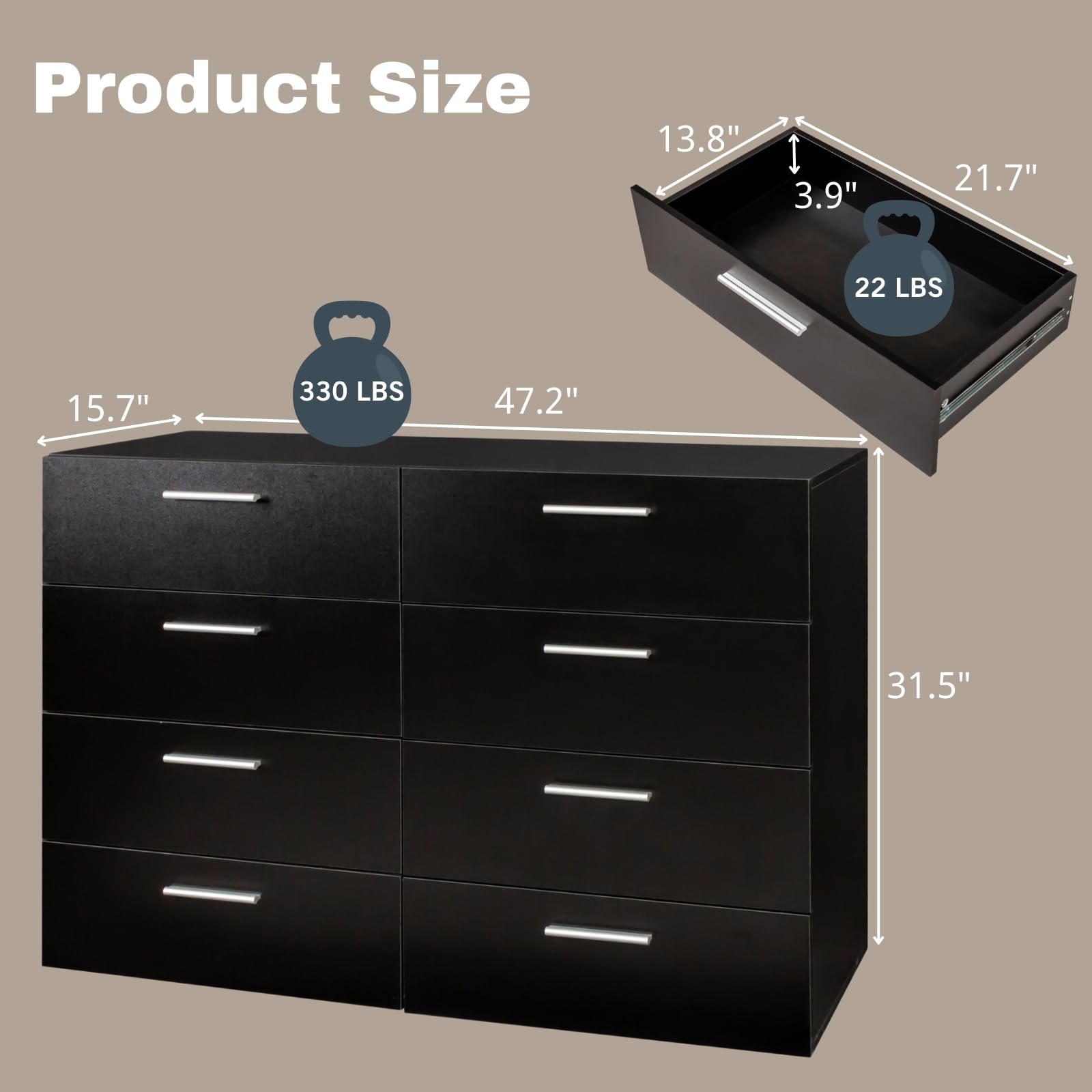 HOBBYZOO 8 Drawer Dresser for Bedroom, Black Bedroom Dresser with Deep Drawers, Wood Chest of Drawers with Storage, 55 Inch Large Dresser Bedroom Furniture, 47.2" x 15.7" x 31.5"