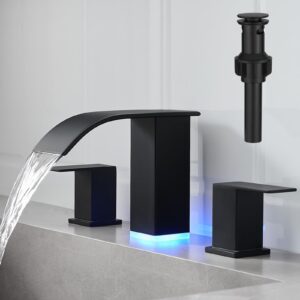 rumose led bathroom faucets set matte black 8 inch bathroom sink faucet 3 hole with pop up drain widespread lavatory waterfall vanity faucet with 3 colors light changing stainless steel deck mounted