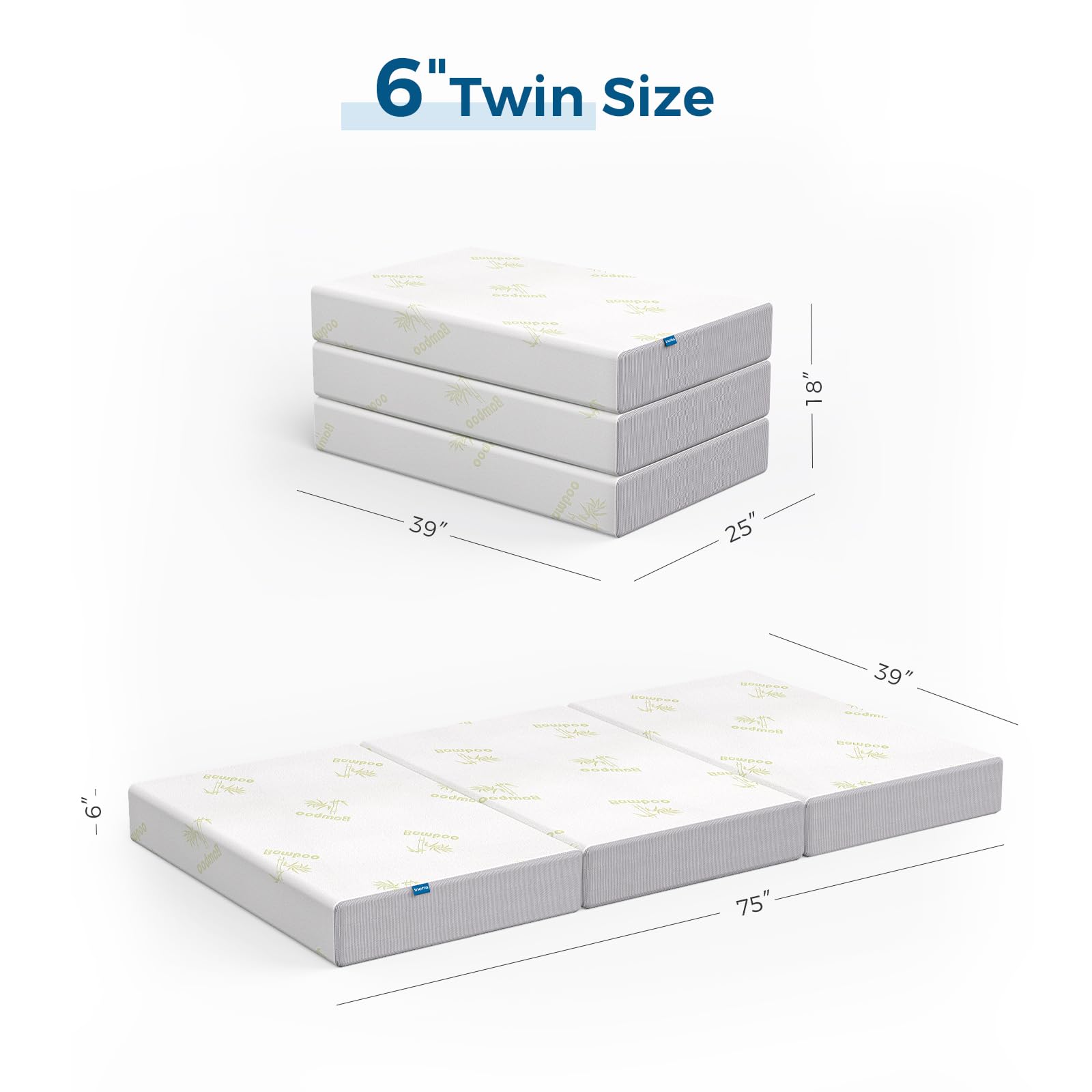 Inofia Twin Folding Mattress, 6 Inch Trifold Memory Foam Mattress with Removable Cover - Portable for Camping, Guest, Foldable Floor Bed, Twin Size (75" x 39" x 6")