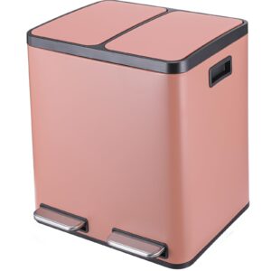 Arlopu 8 Gallon Dual Trash Can, 30L Stainless Steel Kitchen Garbage Can, Step-on Classified Recycle Garbage Bin with Removable Inner Buckets, for Kitchen, Living Room, Office (Pink)