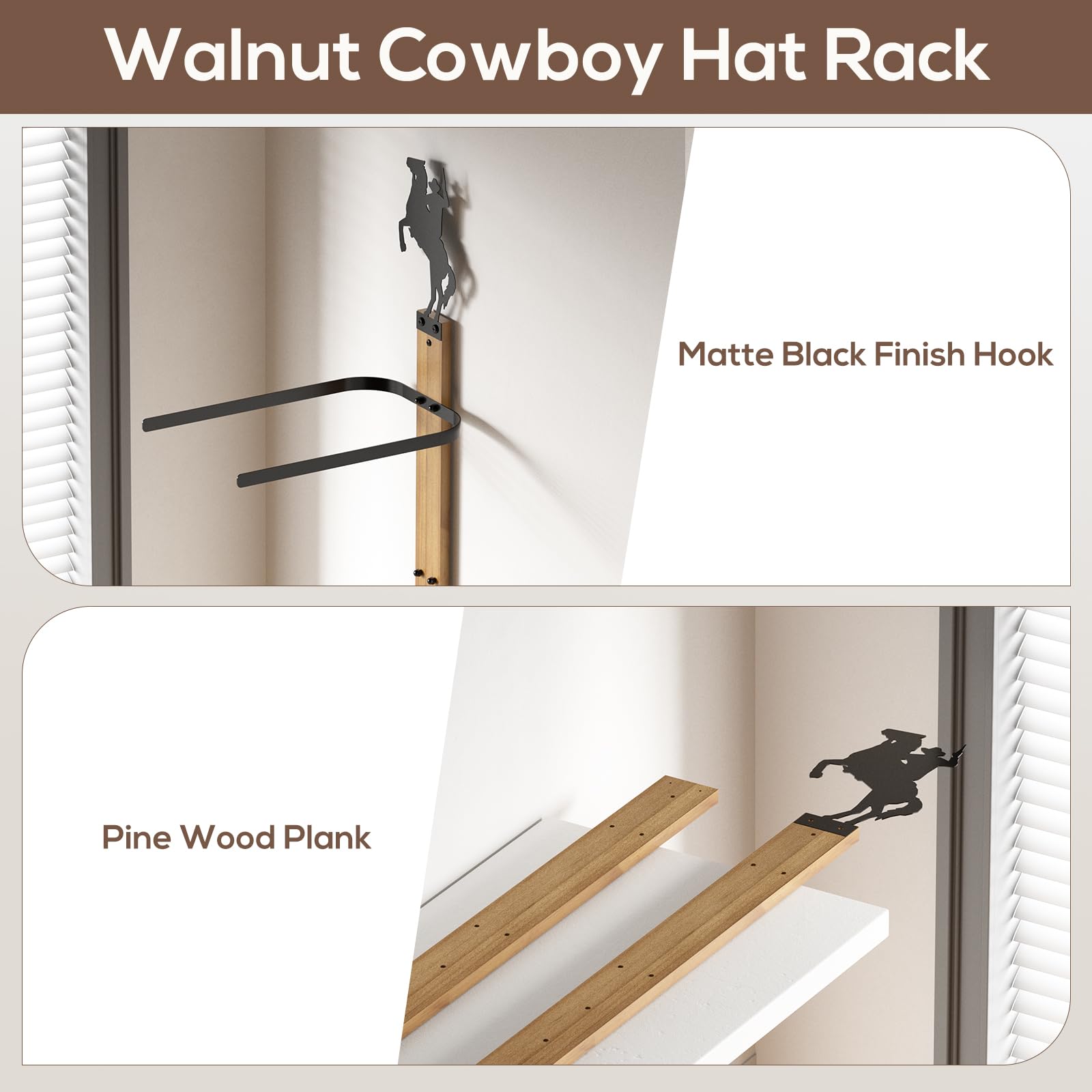 TIPSYTREE Cowboy Hat Rack,6 Pieces Cowboy Hat Holder with Wooden Board for wall, Metal, Wall Storage Hat Organizer for Hat Collection Western Room Décor