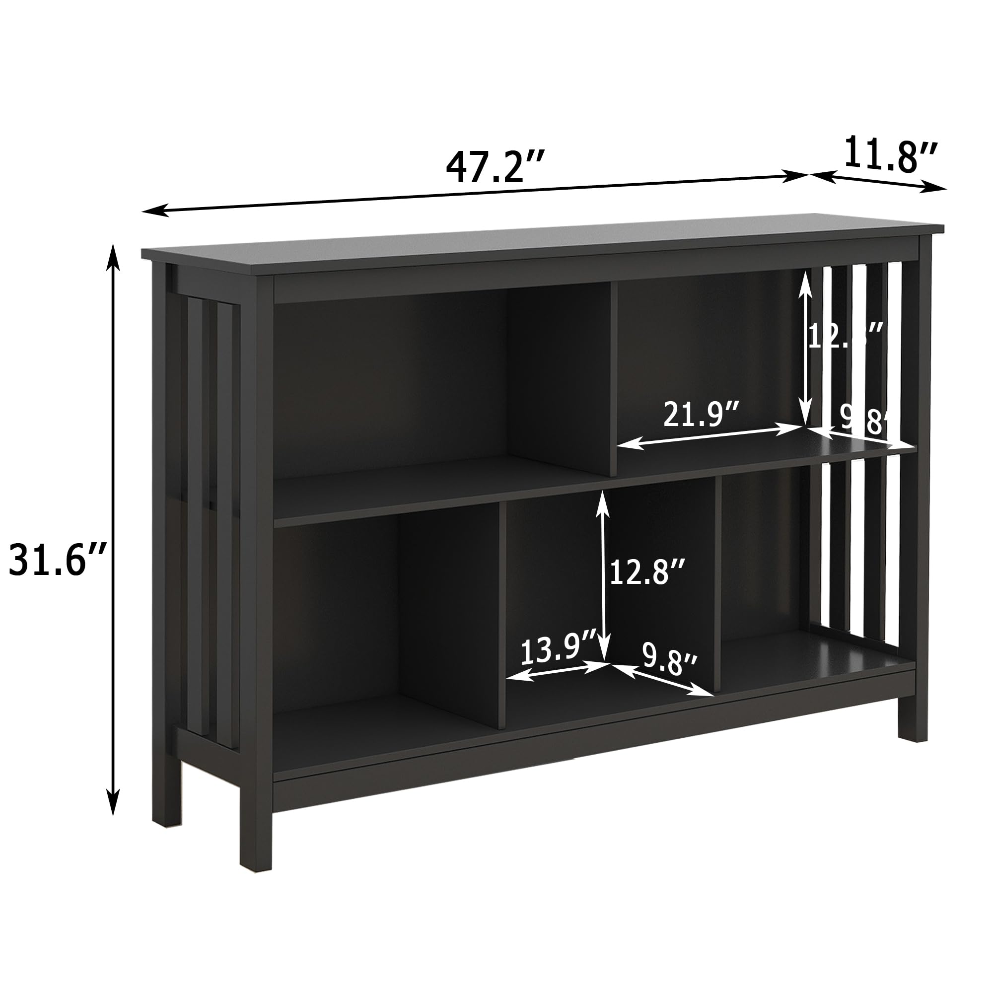 TaoHFE Short Bookshelf with 2-Layer 5 Cube Shelf,Wooden Bookcase Modern Minimalist Style, Horizontal Bookshelf for Living Room, Classroom, Bedroom, Book Shelf with Storage Cube Bookcase, Black