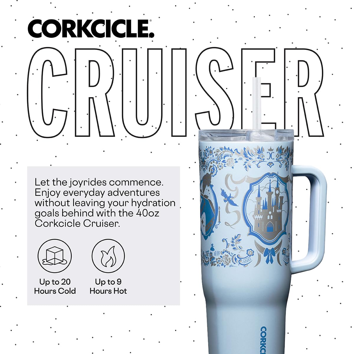 Corkcicle x Disney Princess Cinderella Cruiser Insulated Tumbler with Handle & Straw - 40 oz Reusable Water Bottle Keeps Beverage Cold for 20Hrs, Hot for 9Hrs – Cupholder Friendly, Spill Proof Tumbler