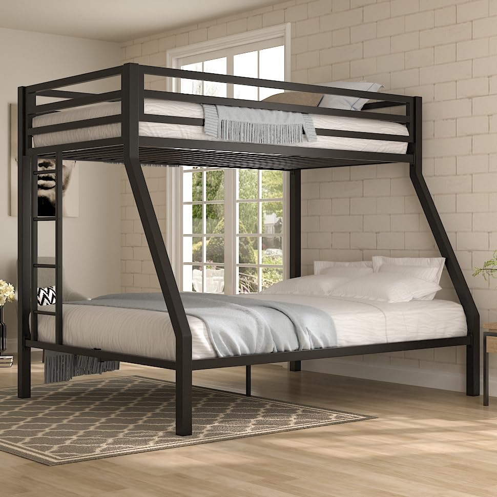 MUTICOR Modern Twin Over Full Metal Loft Bed with Ladder for Junior & Adults, Space-Saving Bunk Bed Frame, Sturdy & Durable, Ideal for Bedrooms, Dorms, and Guest Rooms, Black