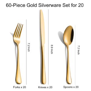 60-Pcs Gold Silverware Set - Stainless Steel Flatware Cutlery Set Service for 20, Mirror Polished Gold Flatware Set Include Forks Spoons Knives for Home, Wedding, Restaurant, Dishwasher Safe