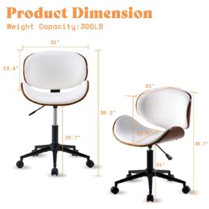 AMERLIFE Home Office Chair Set of 2, PU Leather Desk Chair, Modern Swivel Chair with Curved Back, Armless Desk Chair with Wheels for Home Office, White