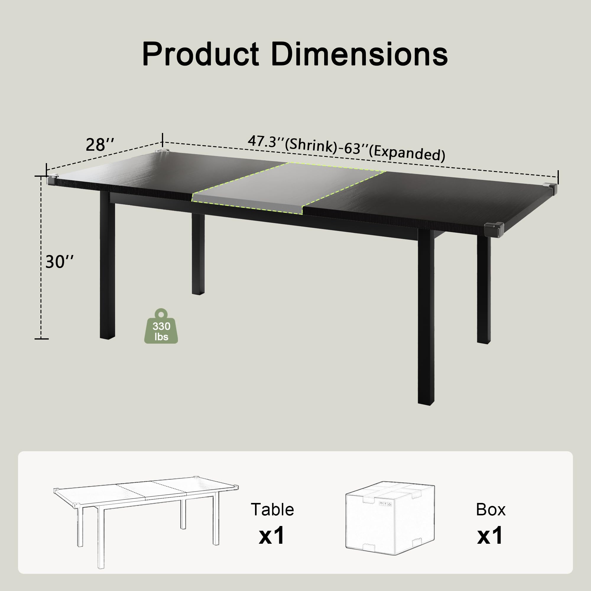 Feonase 63" Extendable Dining Table, Modern Farmhouse Dining Room Table for 4-8, Wooden Kitchen Table for Small Space, Dining Room, Home Office, Living Room Furniture, Black