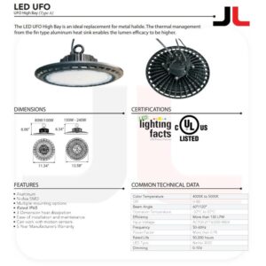 Luminance LED UFO High Bay Light 200W 4000K-5000K EV-U200W_D2DZ, Wet/Dry Location, Rated for 50,000 hrs., CRI 80, Nichia 3030, Black