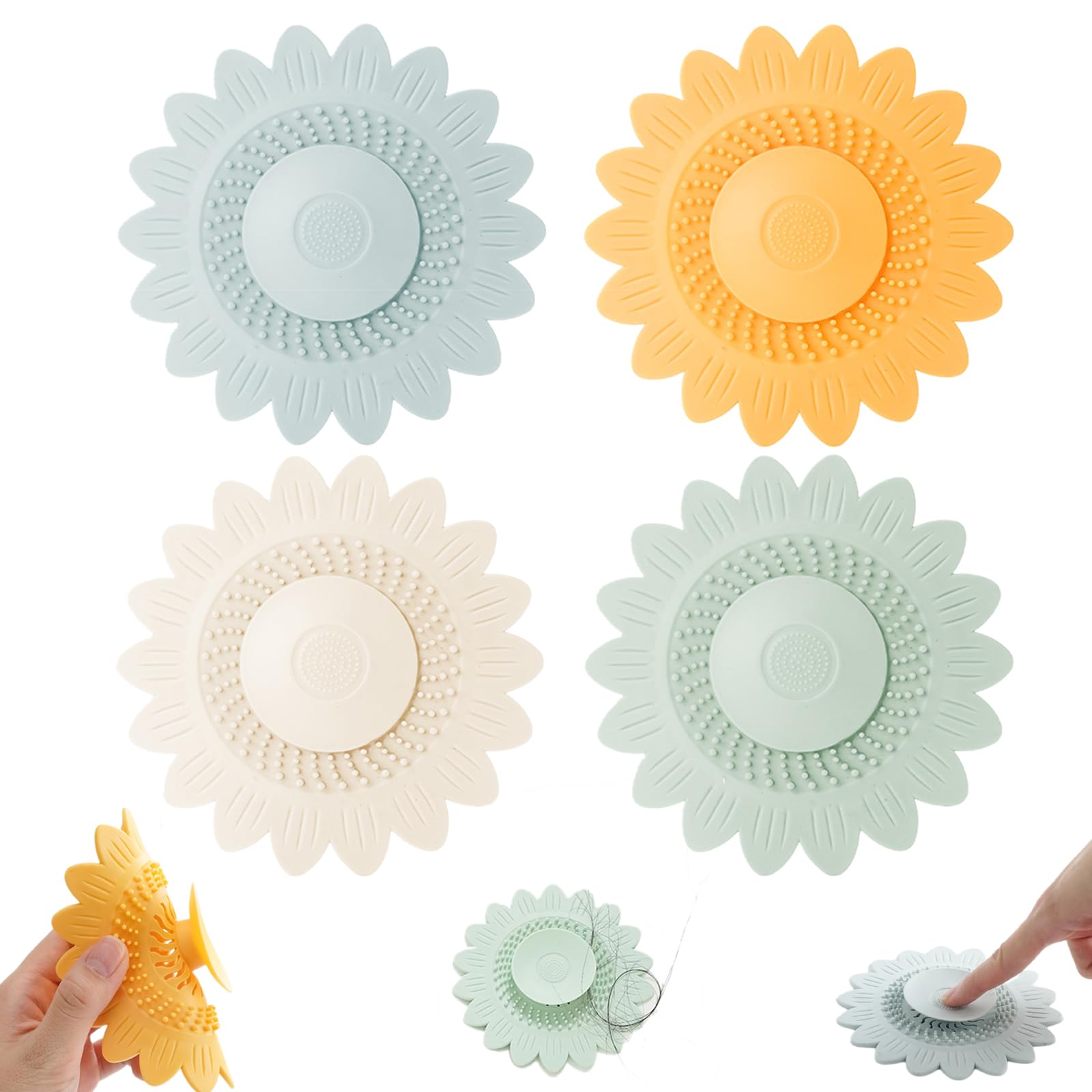 TECHPLUS Shower Drain Hair Catcher - Flowers Bath Drain Silicone Cover, Hair Filter & Drain Stopper for Tub, Sink, Kitchen, Bathroom, Laundry 4Pack