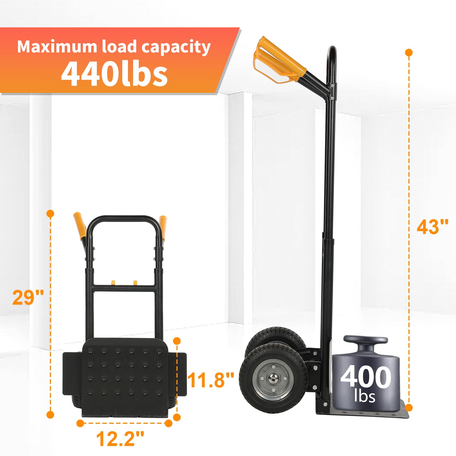 Hand Truck Heavy Duty, Folding Dolly 440lbs Capacity, Dolly Cart with Pneumatic Tire for Moving Home, Workshop, Office, Groceries, Furniture (440lb)