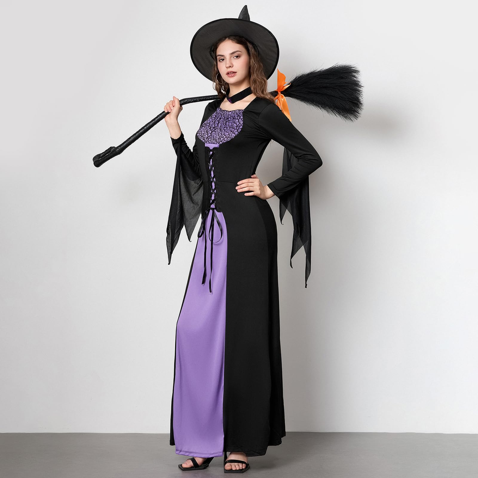 Halloween Witch Broom with Ribbons for Kids Flying Wicked Prop Witches Broomstick Cosplay Party Dress Up Costume (Black B, 130cm*25cm)