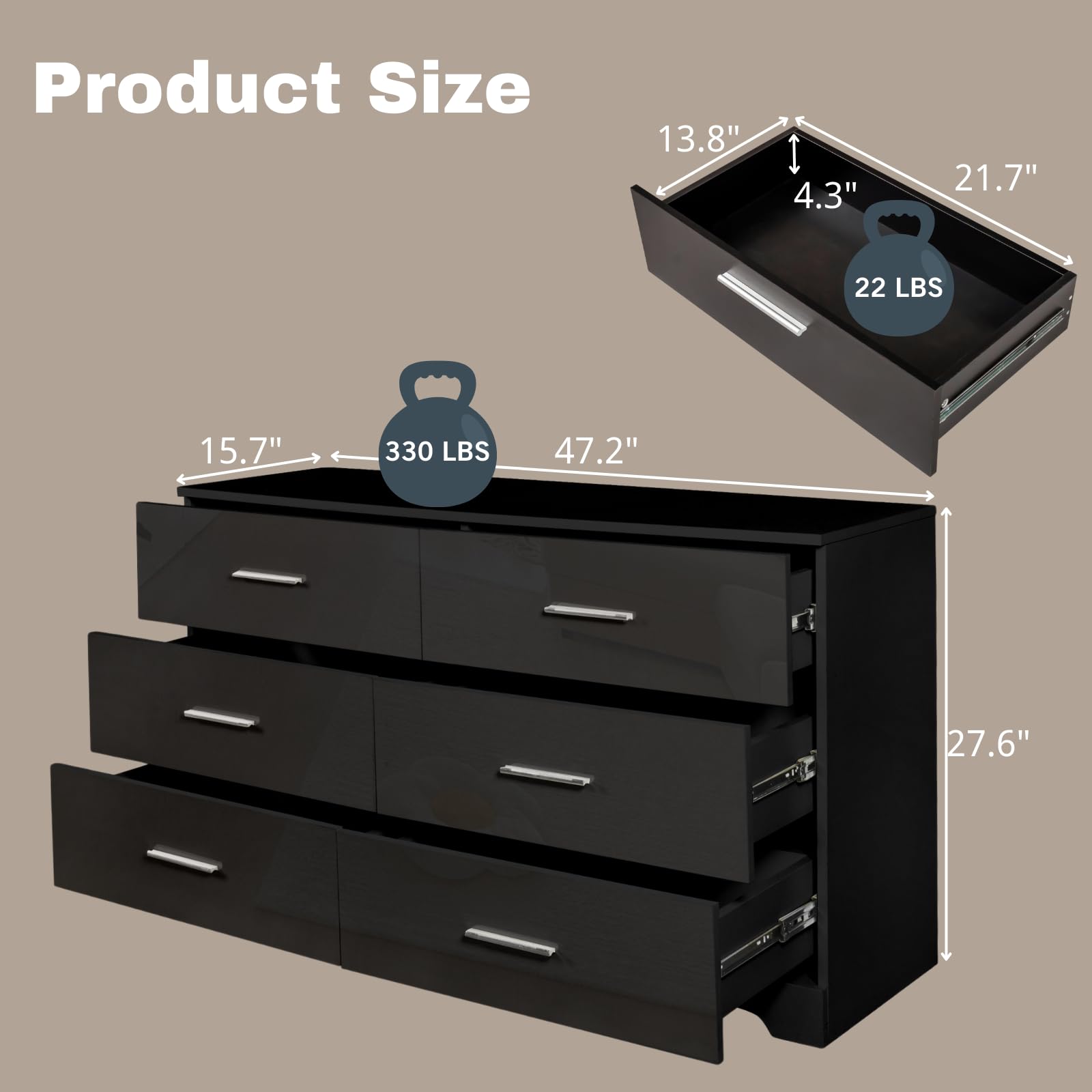 HOBBYZOO 6 Drawer Dresser for Bedroom, Black Bedroom Dresser with Deep Drawers, Wood Chest of Drawers with Storage, 55 Inch Dresser Bedroom Furniture, 47.2" x 15.7" x 27.6"