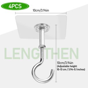 4 Pack Adhesive Ceiling Hooks Large Super Heavy Duty Hooks for Hanging Plants, Lights, Wind Chimes, Lanterns No Drill Strong Outdoor Sticky Ceiling Hanger Drill Free Metal Hook for Ceiling Decoration