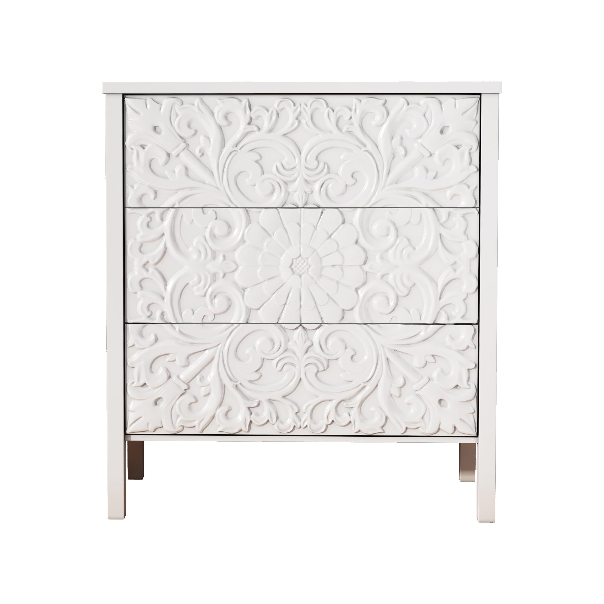 PHOYAL 3-Drawer Dresser Chest, Modern Wooden Flower Motif Dresser with Wide Storage Space Chest of Drawers Bedside Nightstand Dresser Closet for Living Room Bedroom, Hallway (White)