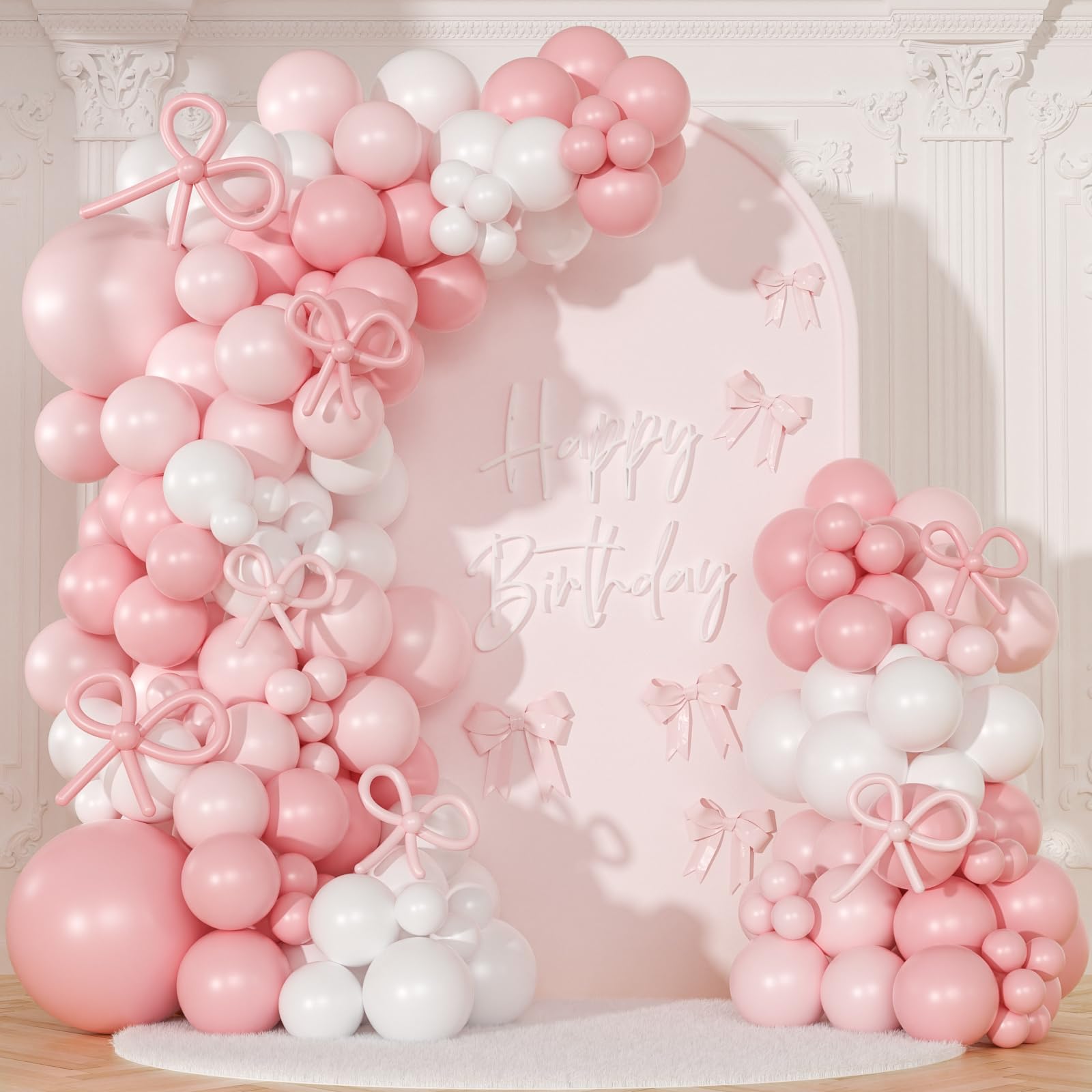 Coquette Birthday Decorations 145 Pcs Coquette Bow Pink and White Balloon Arch Kit Include Bow Balloon Light Pink White Bow Balloons for Pink Bow Birthday Party Decorations