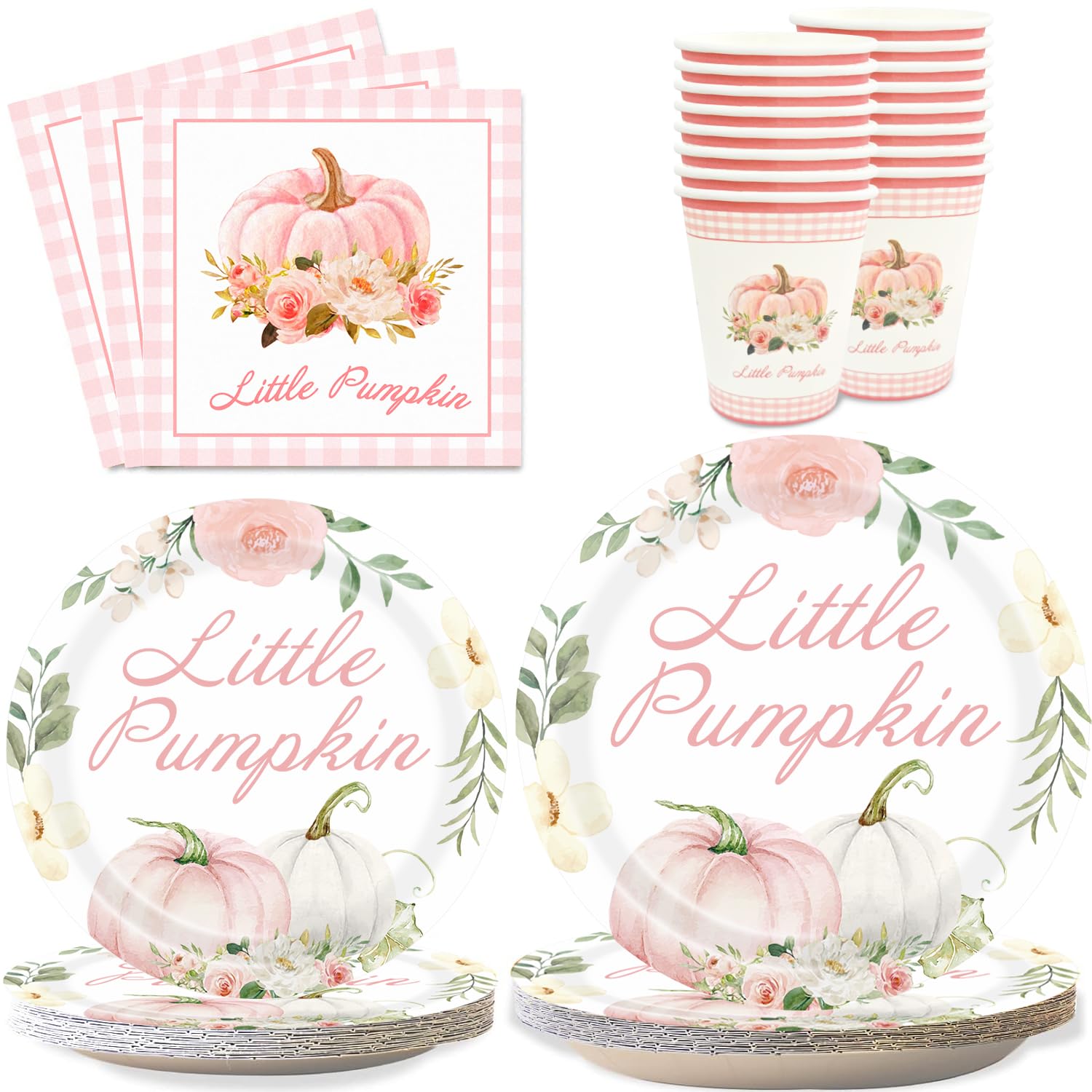 Pumpkin Party Supplies Tableware Set - Fall Theme Party Decorations Including Plates, Napkins and Cups for Pumpkin Birthday and Baby Shower Party, Serves 24 Guests (pink)