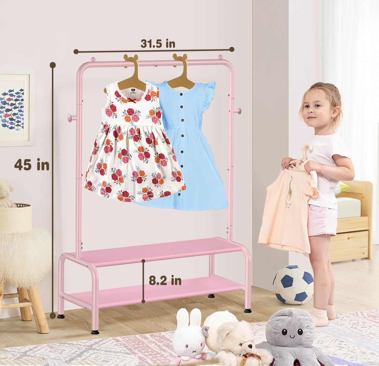 Kids Clothing Rack - Kids Dress Up Clothes Storage Racks - Dress Up Rack for Little Girls - Small Kids Costume Wardrobe Rack with 2 Fabric Floors Storage Shelf - Mini Short Kids Clothing Garment Rack