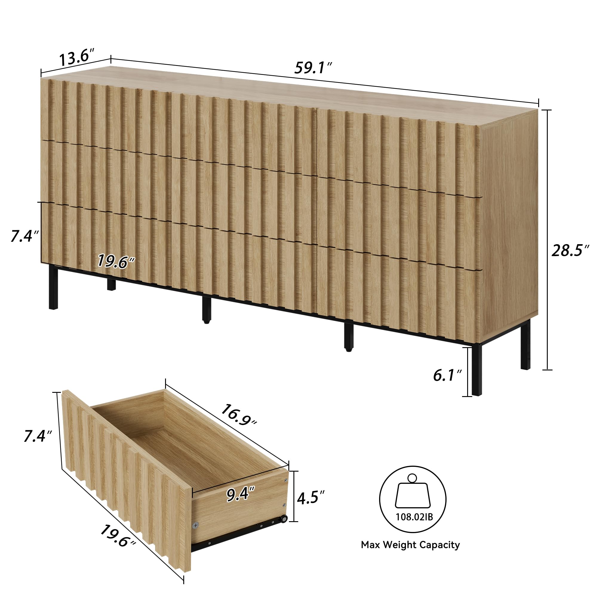 UEV Modern 9 Drawer Dresser for Bedroom,59" Mid Century Modern Dresser,Fluted Dresser Natural Wood Dresser with Panels for Handle,Long Chest of Drawers TV Stand Dresser for Bedroom,Living Room,Hallway