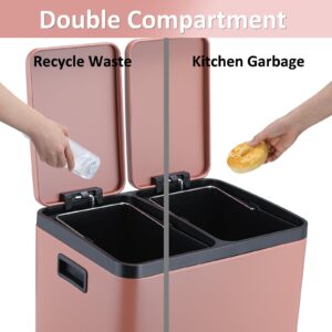 Arlopu 8 Gallon Dual Trash Can, 30L Stainless Steel Kitchen Garbage Can, Step-on Classified Recycle Garbage Bin with Removable Inner Buckets, for Kitchen, Living Room, Office (Pink)