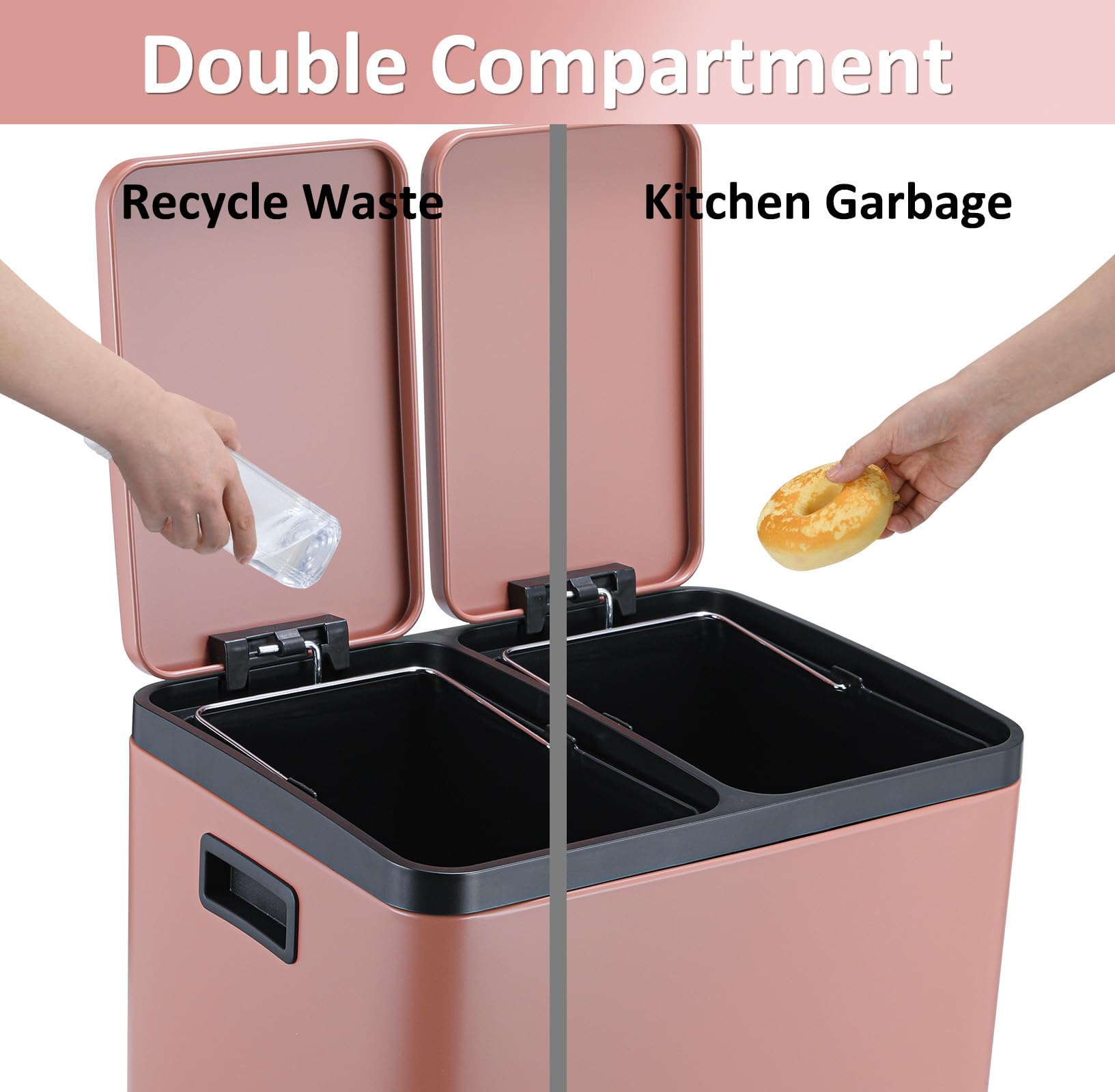 Arlopu 8 Gallon Dual Trash Can, 30L Stainless Steel Kitchen Garbage Can, Step-on Classified Recycle Garbage Bin with Removable Inner Buckets, for Kitchen, Living Room, Office (Pink)