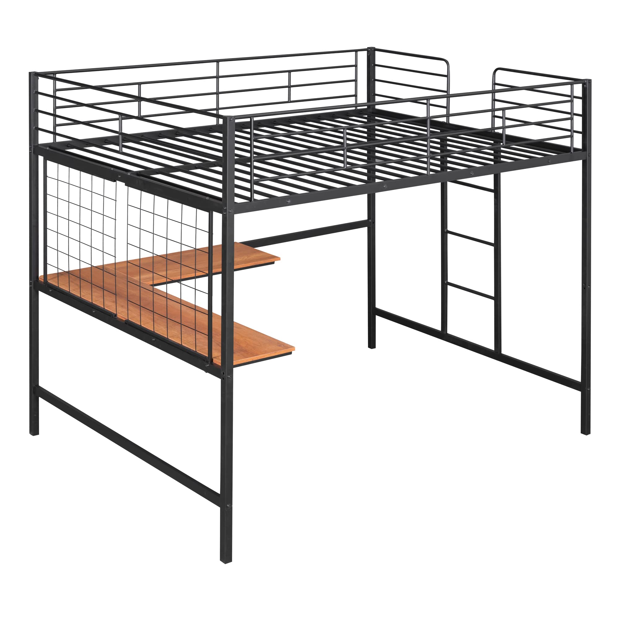 Black Full Loft Bed with Desk & Metal Grid, Metal Loft Bed Full Size with Safety Guardrails and Ladders, High Loft Bed Frame for Teens, Adults, No Box Spring Needed