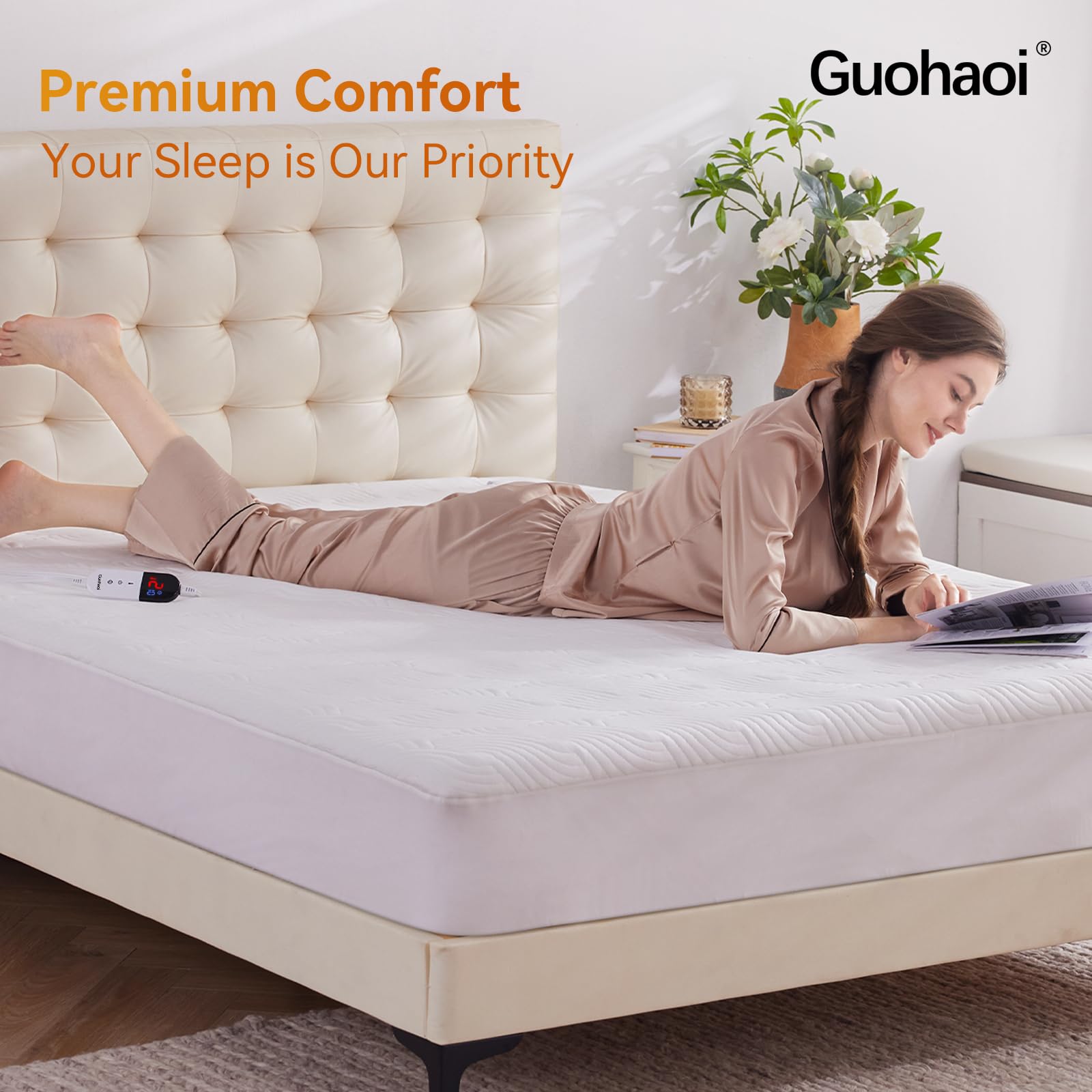 Guohaoi Heated Mattress Pad Full Warm Electric Mattress Pad with 10 Hour Timer Auto Off and 6 Heating Setting, Single Control Soft Heating Mattress Cover Fit Up to 21'' Deep Pocket (54''*75'' White)