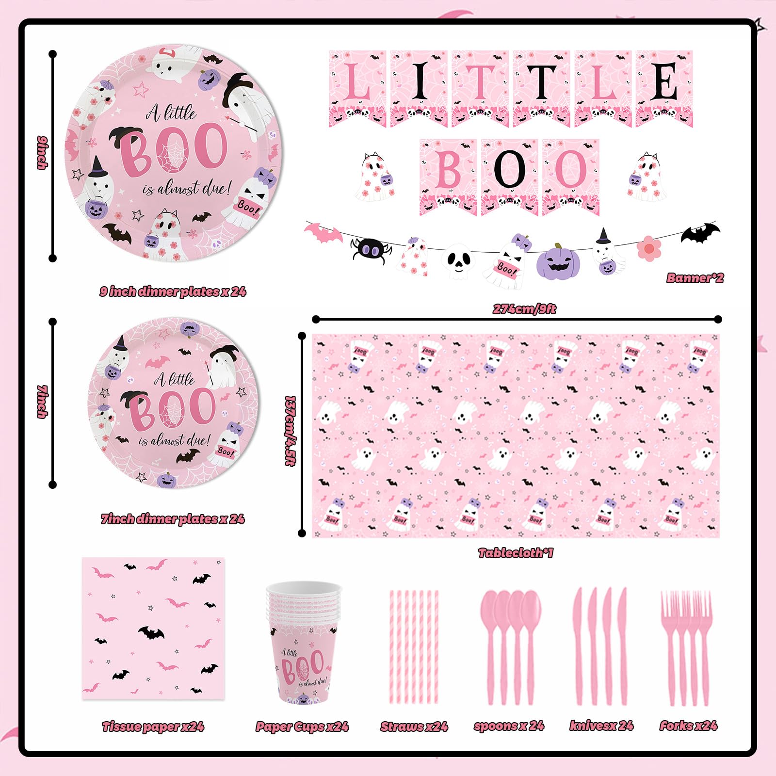 MEHOFOND Pink Halloween Baby Shower Decorations for Girl, Little Boo Disposable Dinnerware with Banner, Ghost Bat Pumpkin Baby Shower Plates and Napkins Set, Paper Plates Cups Party Supplies, Serve 24