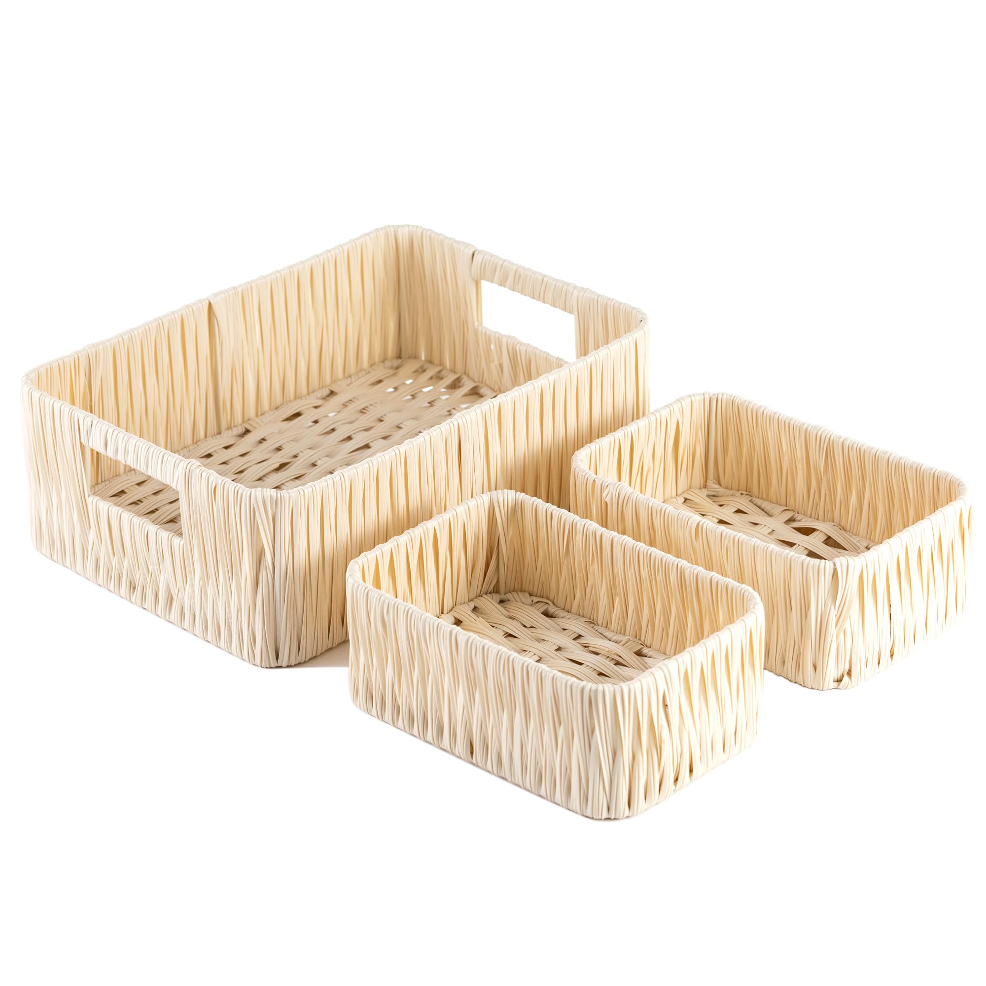 Storage Baskets Wicker Baskets-Toilet Paper Storage Baskets-Multi-Purpose Storage Bins-Bathroom Wicker Storage Baskets, Toilet Tank Top Storage Baskets (Set of 3, White) 13 ¼"L x 9 ½"W x 4.5 ¾"H