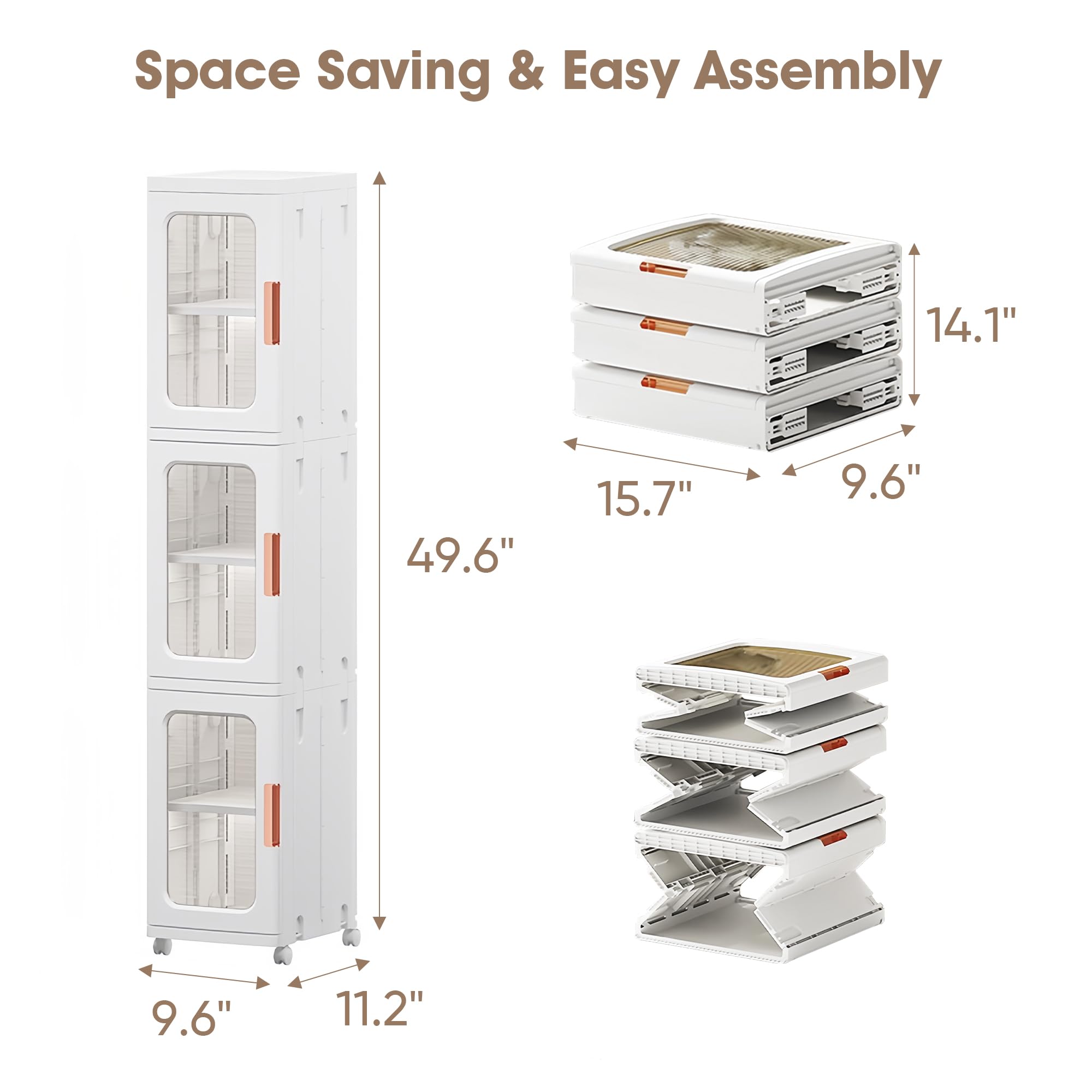 PIBEIBUK 3-Tiers Slim Bathroom Storage Cabinet, Plastic Narrow Storage Organizer with Doors and Shelves, Movable Waterproof Bathroom Floor Cabinet for Small Spaces, Kitchen, Laundry, Office, Bedroom