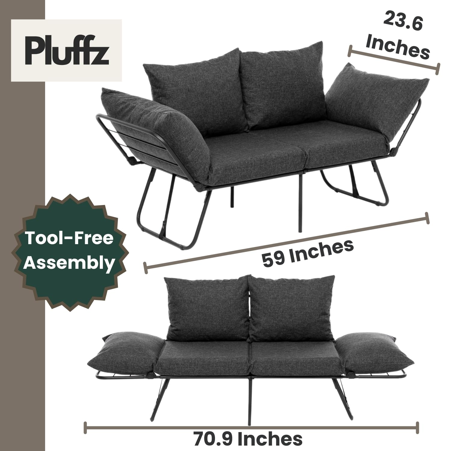 Pluffz Modern Folding Futon Sofa Bed Convertible Recliner Lounge for Living Room - Comfortable Sleeper Couch with Adjustable Armrests, Full Size Mattress, Ideal for Small Spaces, Offices and RVs