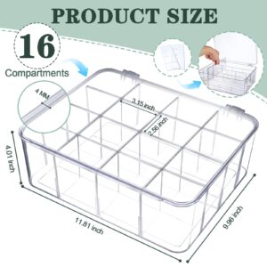 Hiitytin 2Pcs Socks Bra Underwear Drawer Organizer for Closet, Plastic Storage Box with 16 Removable Compartments and Lid, Clear Dresser Drawer Organizer Storage Container with Dividers for Ties Belts