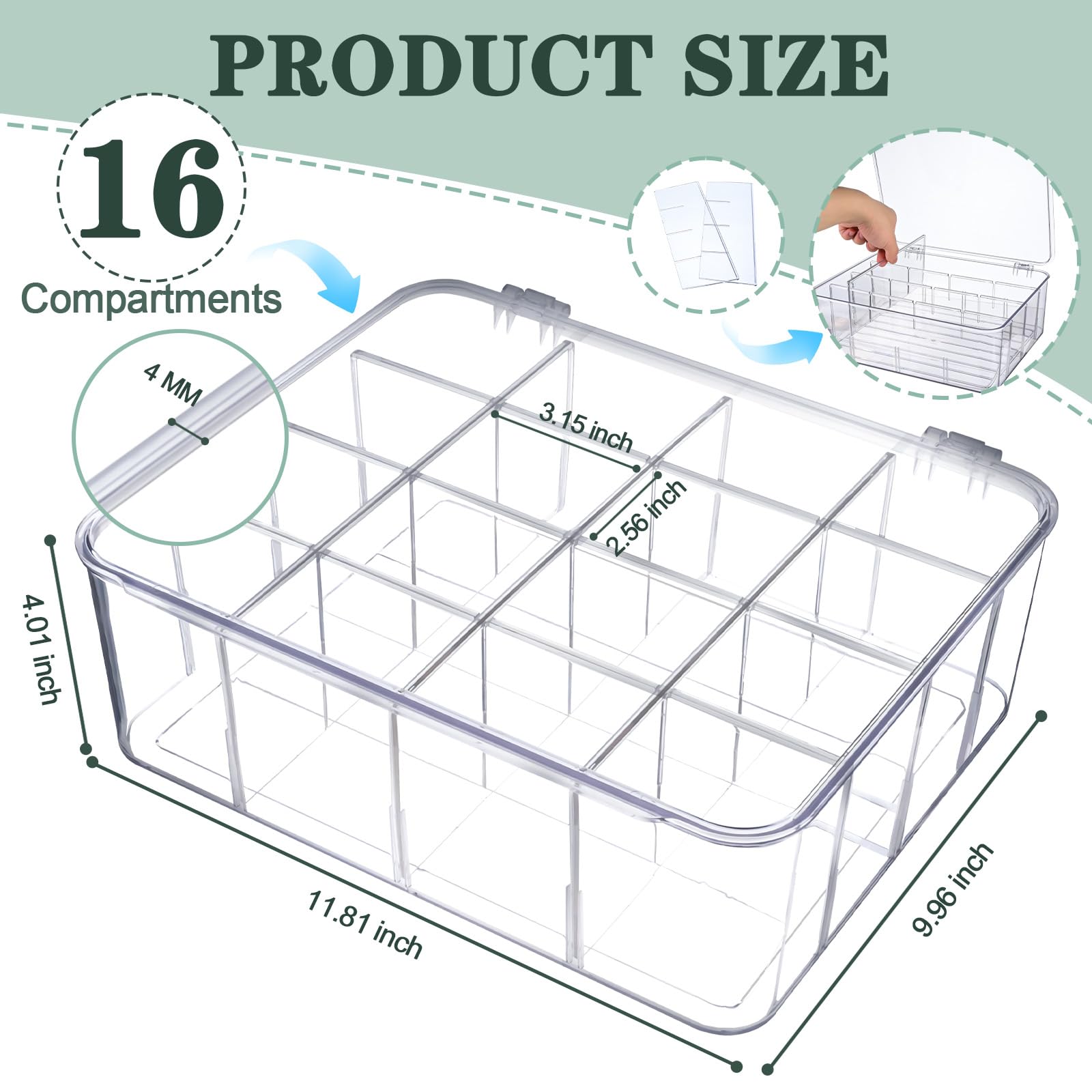 Hiitytin 2Pcs Socks Bra Underwear Drawer Organizer for Closet, Plastic Storage Box with 16 Removable Compartments and Lid, Clear Dresser Drawer Organizer Storage Container with Dividers for Ties Belts