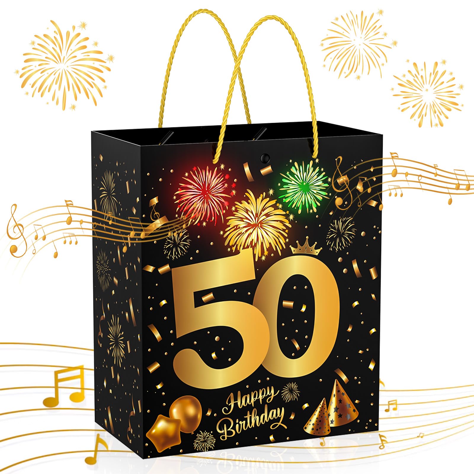 VANSHINIEER 50th Birthday Gift Bag with Fireworks Light and Music, Large Size Black Gold Gift Wrap Bag with Handles for 50th Birthday Party Decorations Supplies