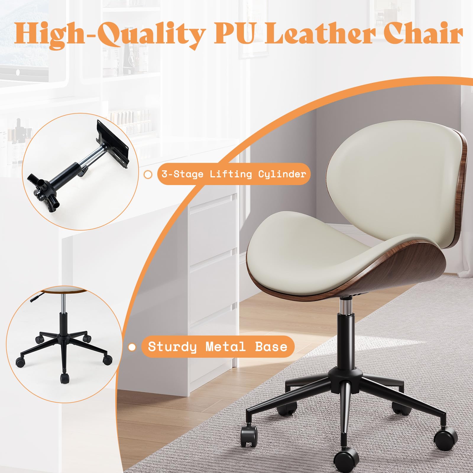 AMERLIFE Home Office Chair Set of 2, PU Leather Desk Chair, Modern Swivel Chair with Curved Back, Armless Desk Chair with Wheels for Home Office, White