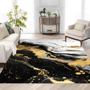 Black White Gold Marble Texture Modern Abstract Rug for Living Room Bedroom Diningroom Luxury Aesthetic Carpet Under Guestroom Coffee Table Art Deco Home Office Washable No Slip Floor Rug 6x10