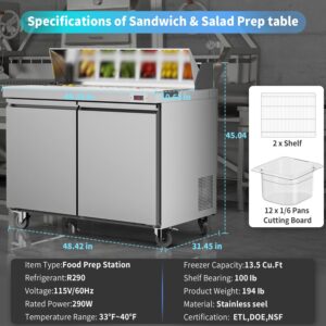 ECEVT 48" W Commercial Refrigerator Sandwich Salad Prep Table Refrigerator Stainless Steel with 12 Pans, Kitchen Equipment for Restaurant, Bar, Shop, Buffet, etc, ETL/NSF/DOE Approved