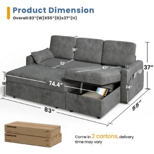 KKL Sofa Bed Couch with Storage Chaise, 85'' Pull Out Couch, Sleeper Sofa Couch with Pull Out Bed, Convertible Sectional Couch, Couch Bed Sofa Pull Out, Couches for Living Room, Chenille, Dark Grey