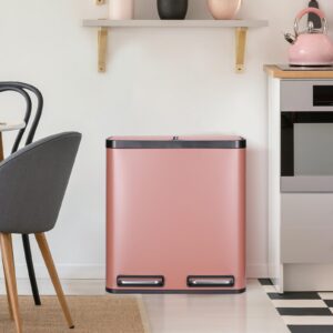 Arlopu 8 Gallon Dual Trash Can, 30L Stainless Steel Kitchen Garbage Can, Step-on Classified Recycle Garbage Bin with Removable Inner Buckets, for Kitchen, Living Room, Office (Pink)