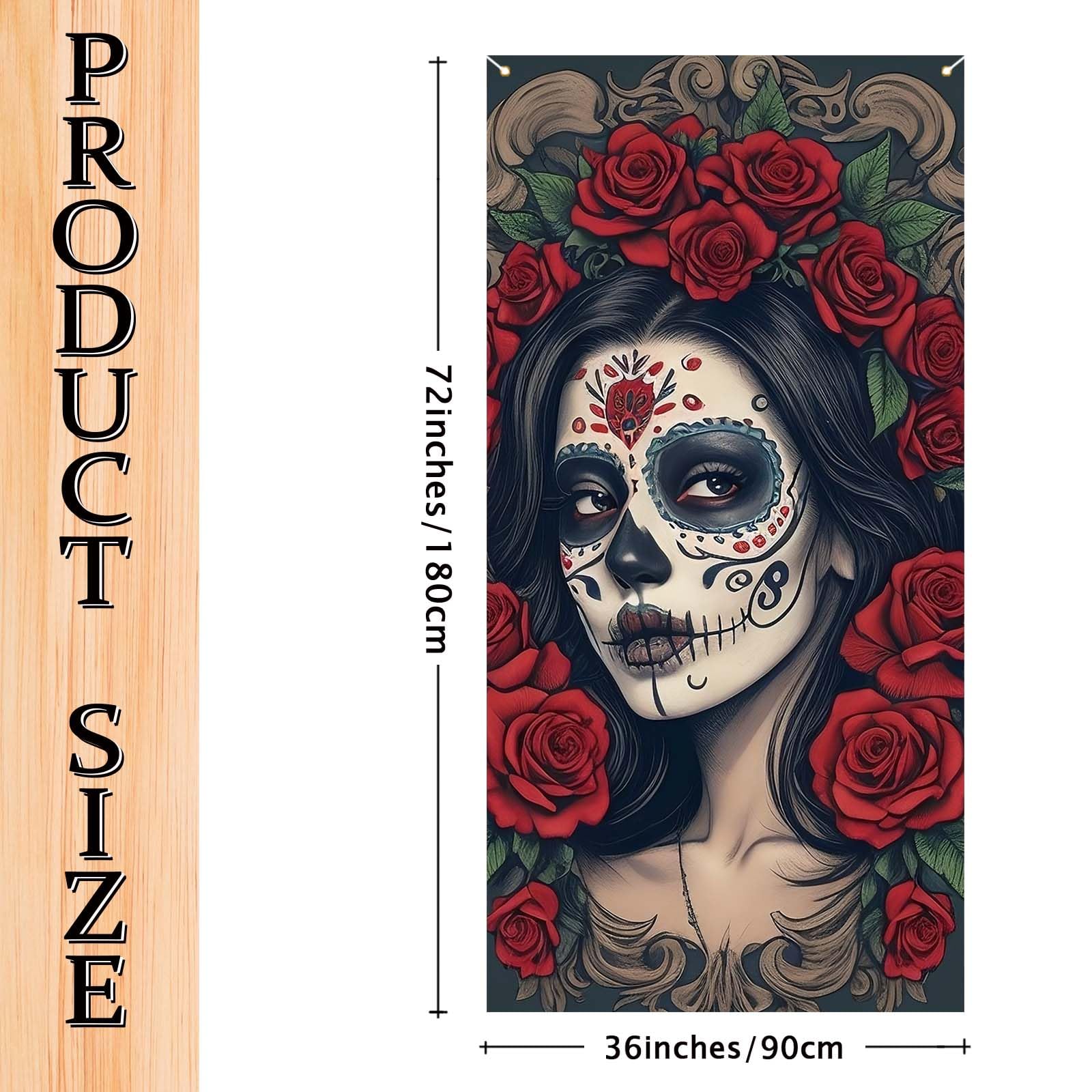 Dia De Los Muertos Door Cover Day of The Dead Porch Sign Banner Gothic Halloween Sugar Skull Marigold Flowers Decorations and Supplies for Home