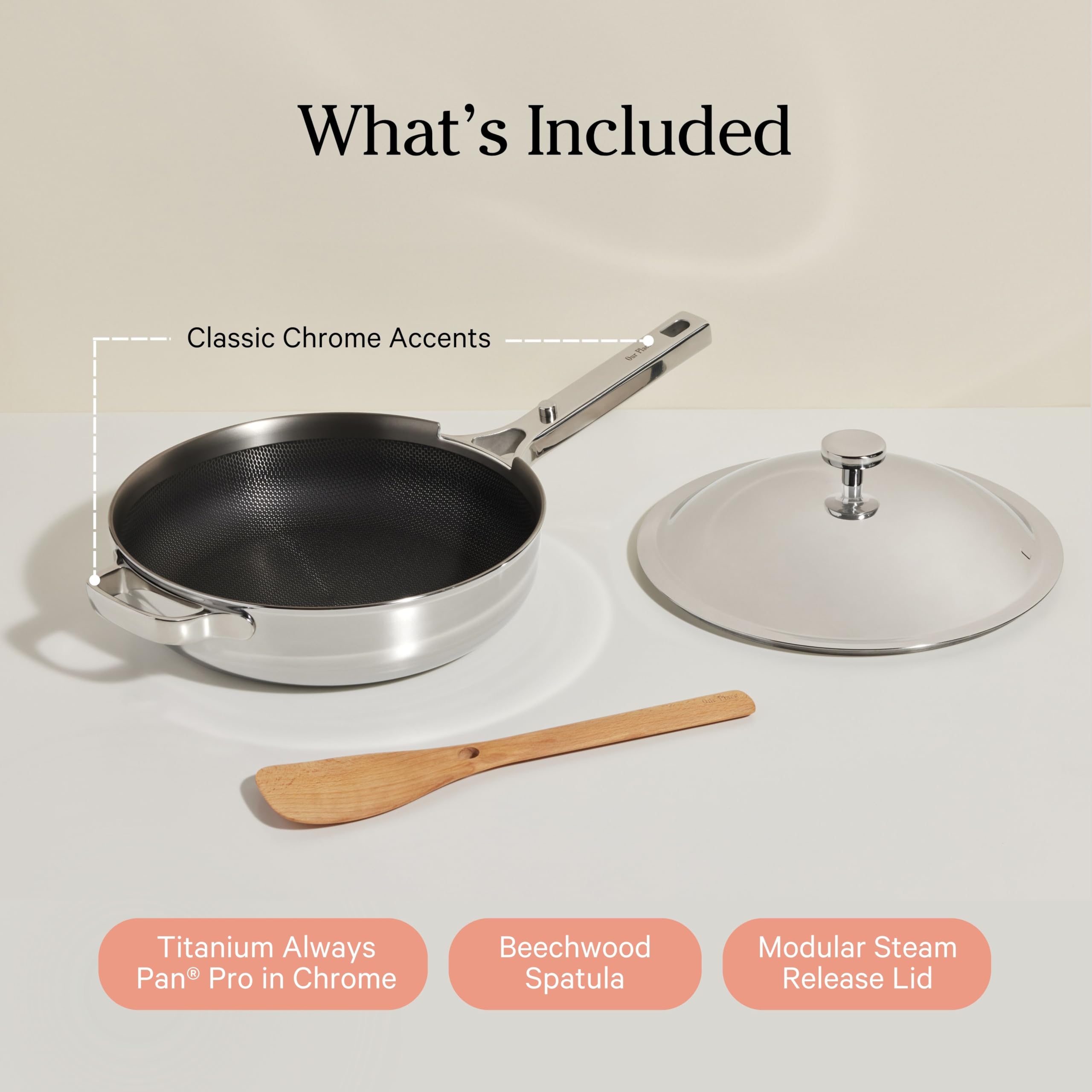 Our Place Titanium Always Pan Pro - No-Coating Nonstick Technology | Tri-Ply Construction with Titanium & Stainless Steel | Heat Safe up to 1000°F | Includes Steam-Release Lid & Spatula | Chrome